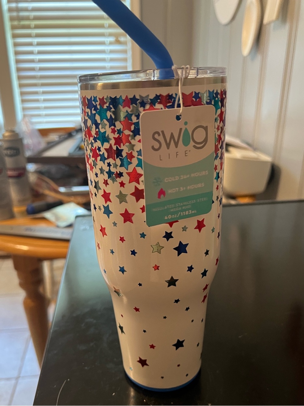 Swig Life White Star Insulated Tumbler with Blue Straw